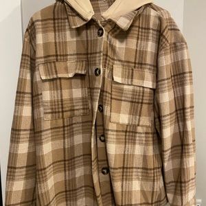 hooded tan plaid shacket